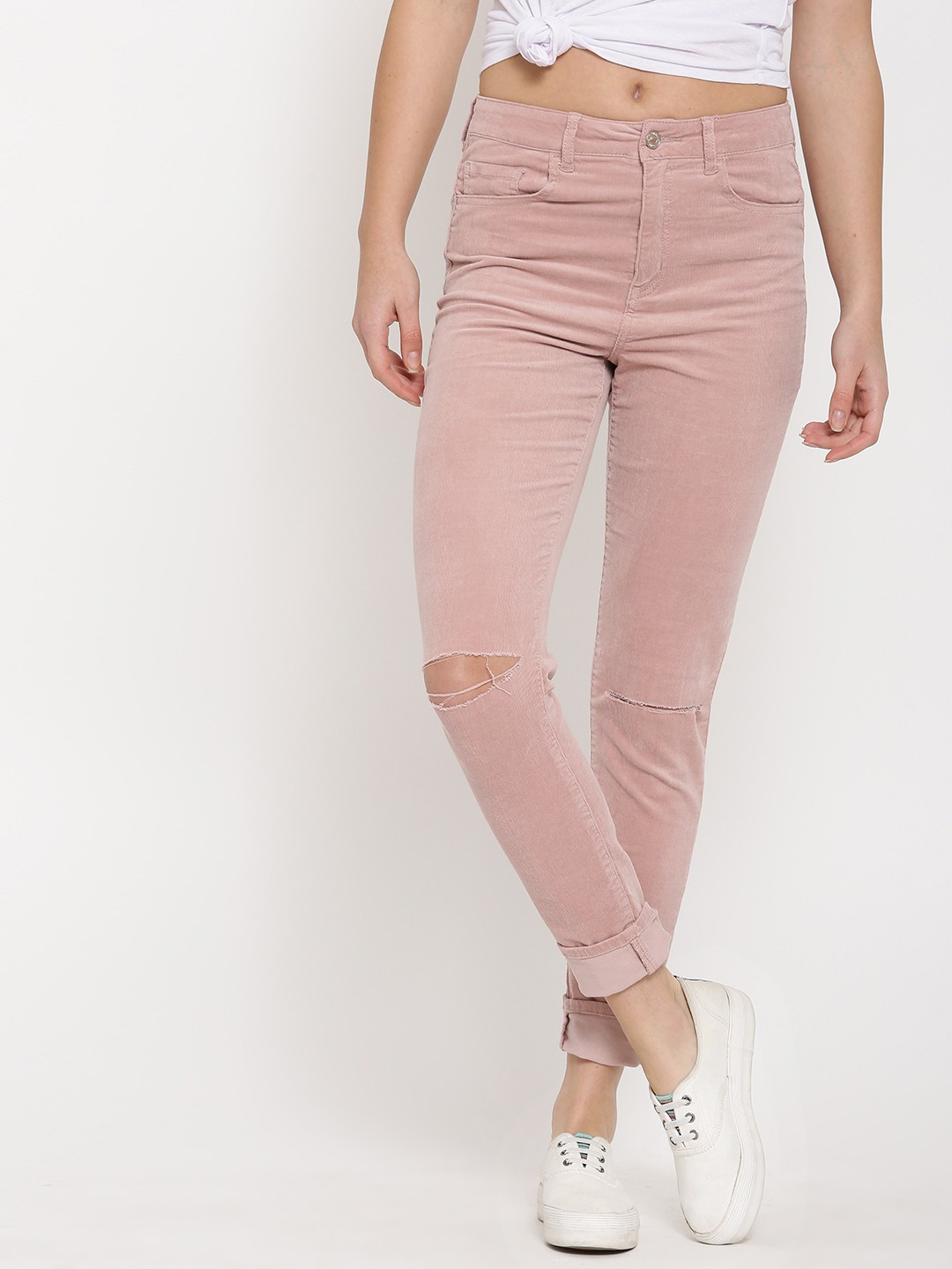 

FOREVER 21 Women Pink Solid Flat-Front Slash Knee Corduroy Trousers