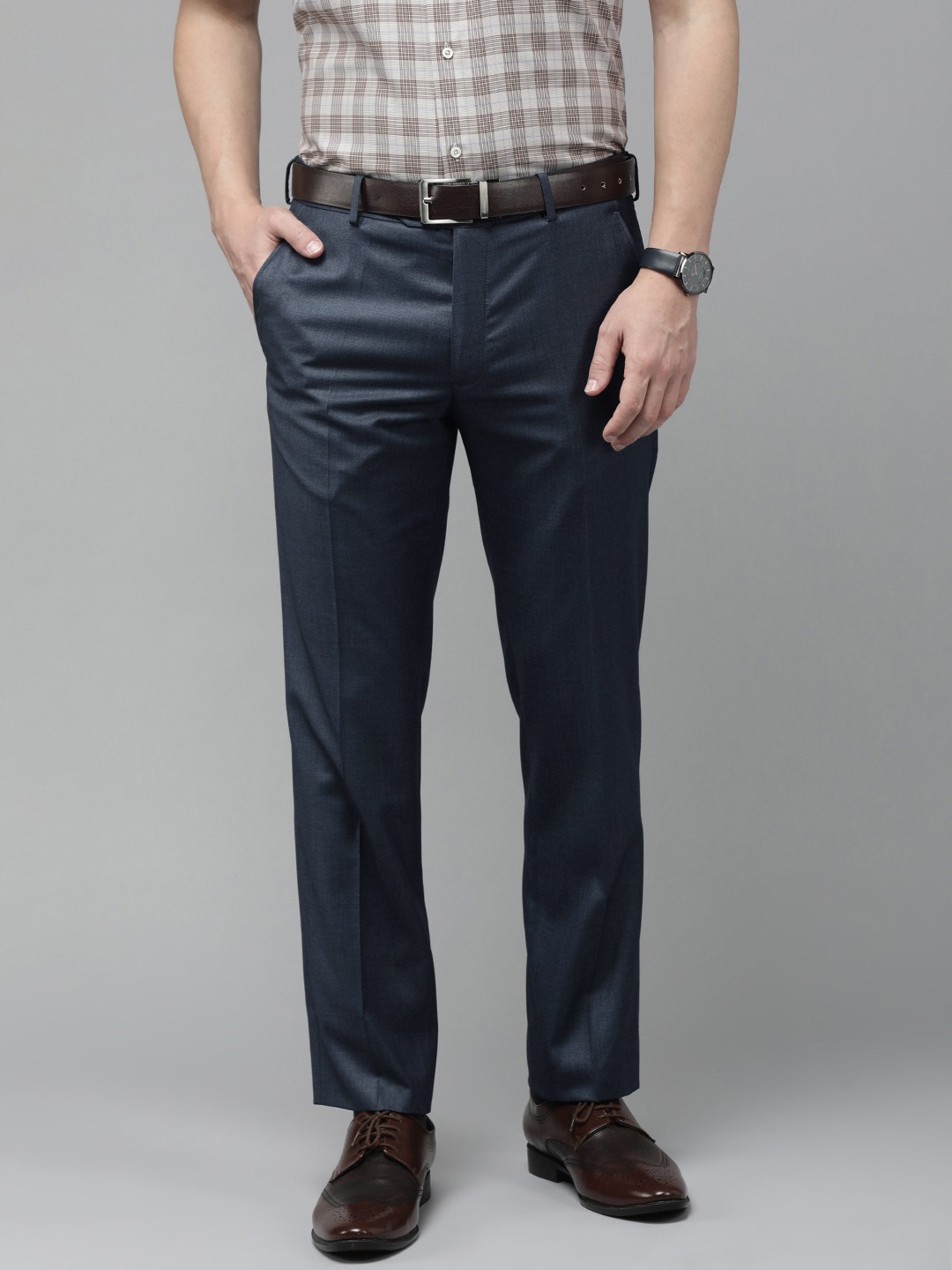 

Van Heusen Men Navy Blue Solid Slim Fit Low-Rise Formal Trousers
