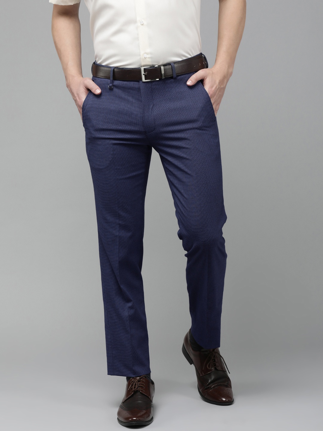 

Van Heusen Men Blue Self-Design Slim Fit Low-Rise Formal Trousers