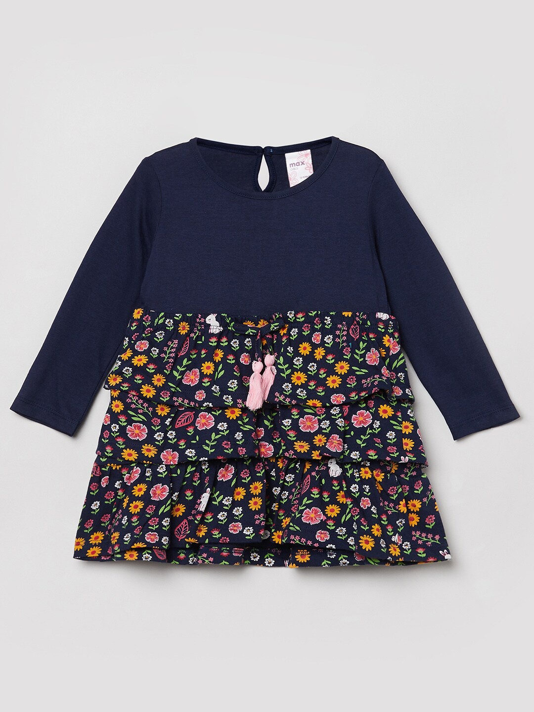 

max Navy Blue & Yellow Floral Cotton A-Line Dress