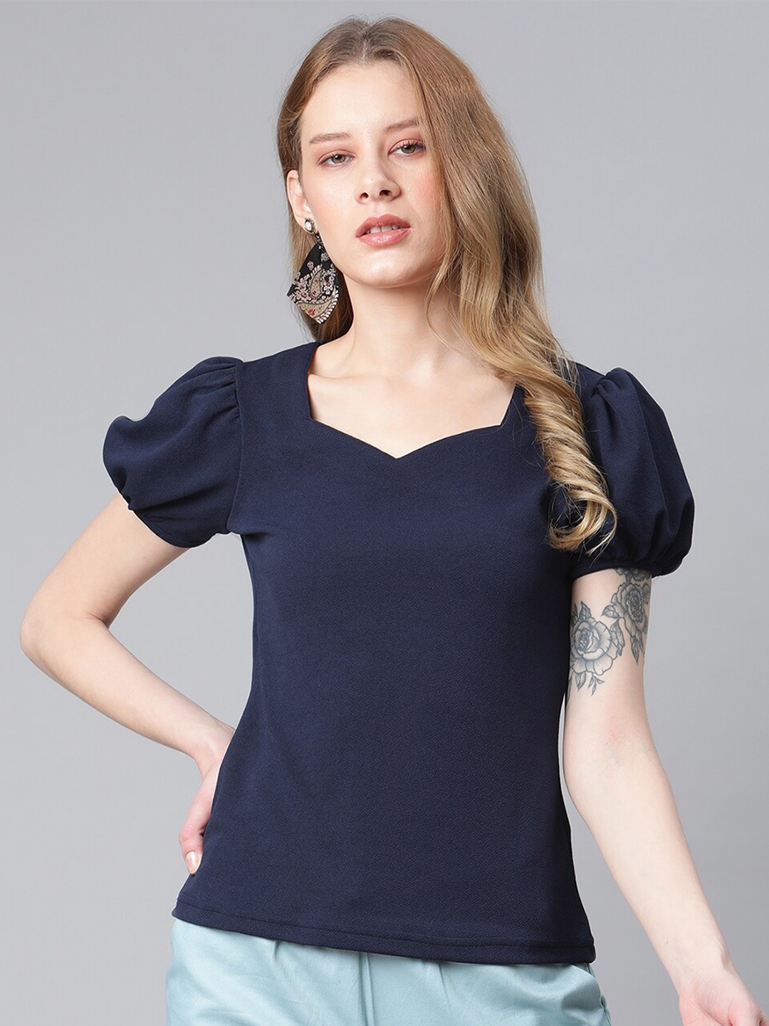 

The Vanca Navy Blue Sweetheart Neck Regular Top