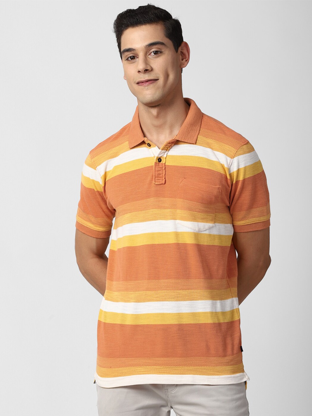 

Peter England Casuals Men Orange & White Striped Polo Collar Pockets T-shirt