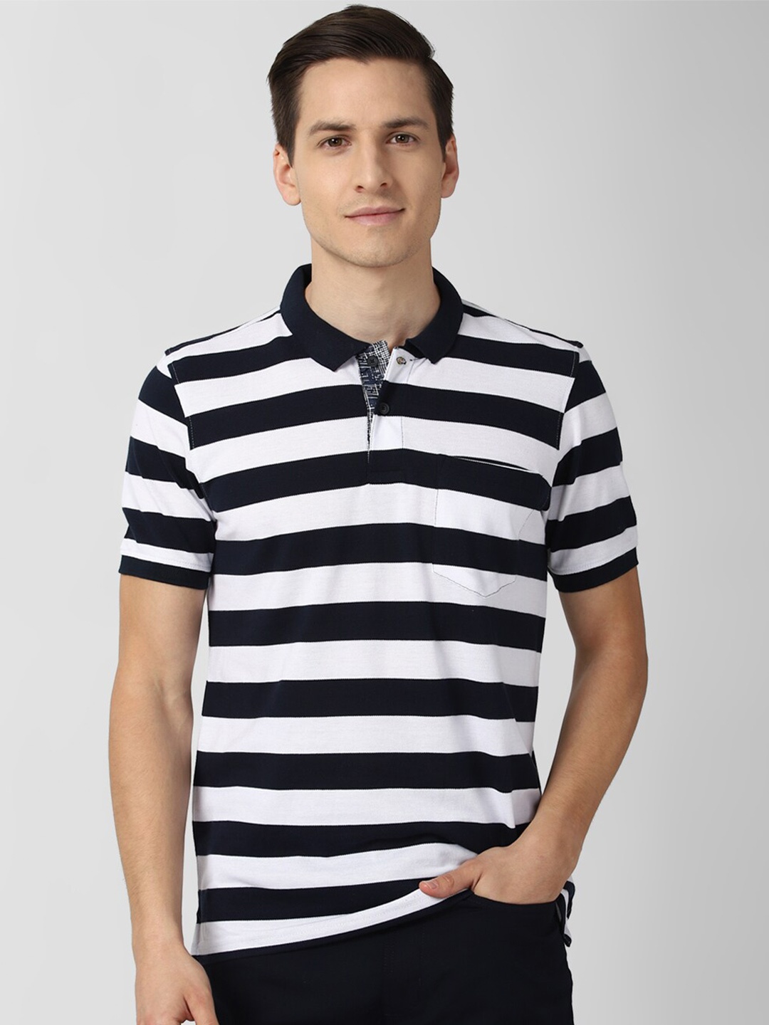 

Peter England Casuals Men Black & White Striped Polo Collar T-shirt