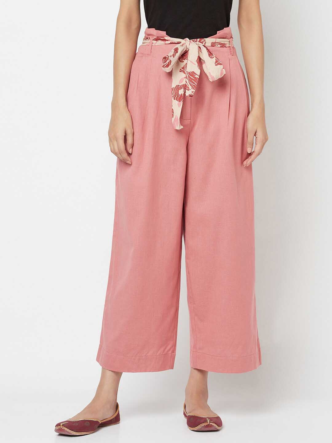 

Fabindia Women Pink & White Linen Palazzos