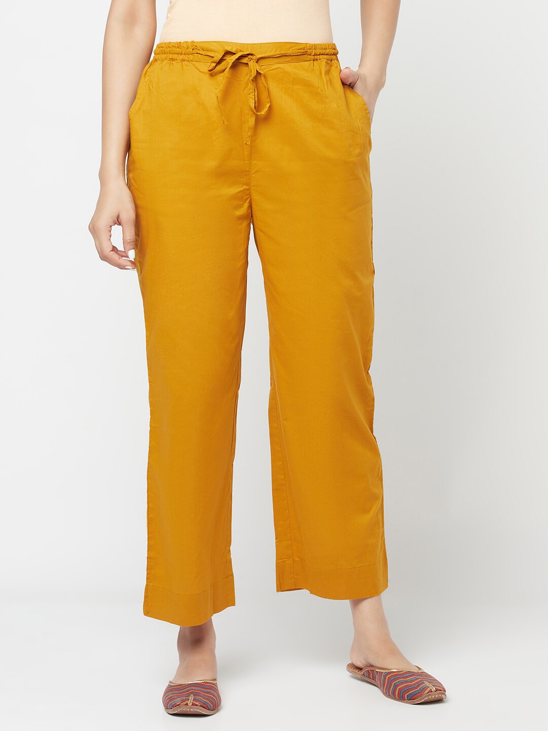 

Fabindia Women Mustard Yellow Cropped Palazzos