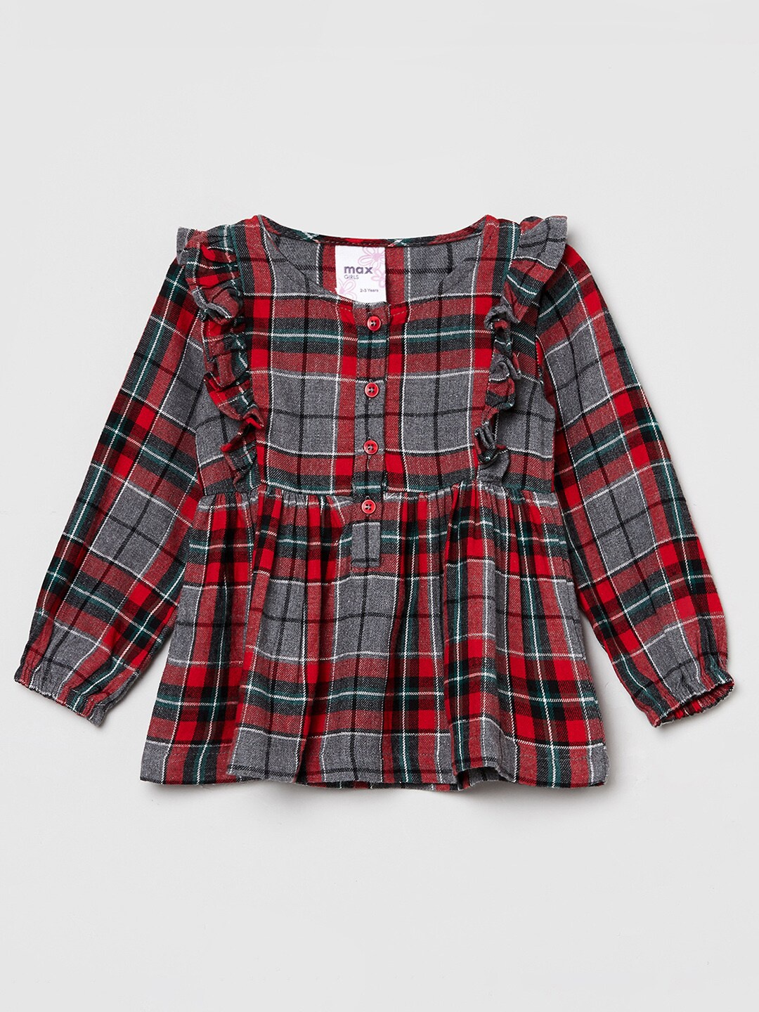 

max Grey & Red Checked Ruffles A-Line Top