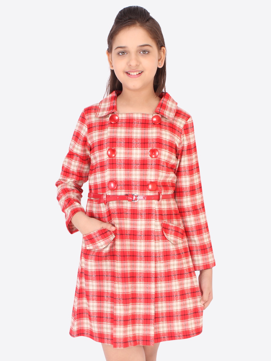 

CUTECUMBER Girls Red & Cream-Coloured Checked Belted Cotton Shirt Dress