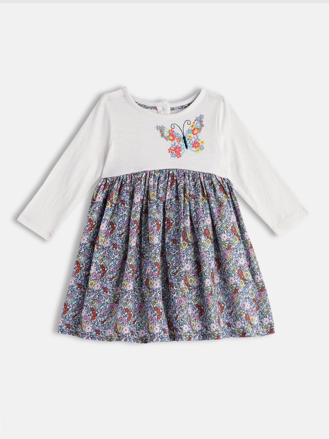 

H By Hamleys Girls White & Blue Floral Printed Dress Embroidered Cotton Fit & Flare Dress
