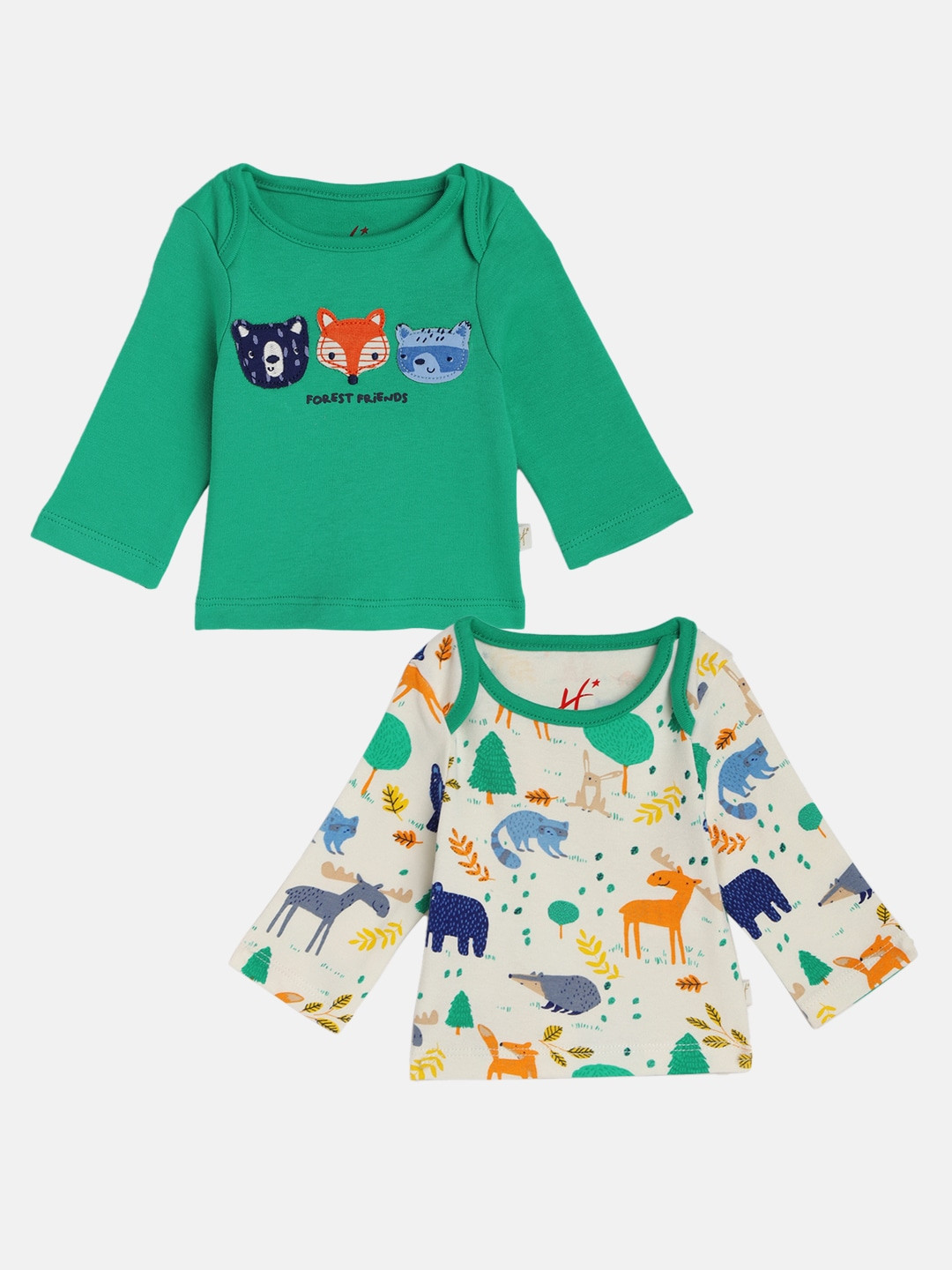 

H By Hamleys Infant Boys Pack of 2 Printed Pure Cotton T-shirts in Green & Beige