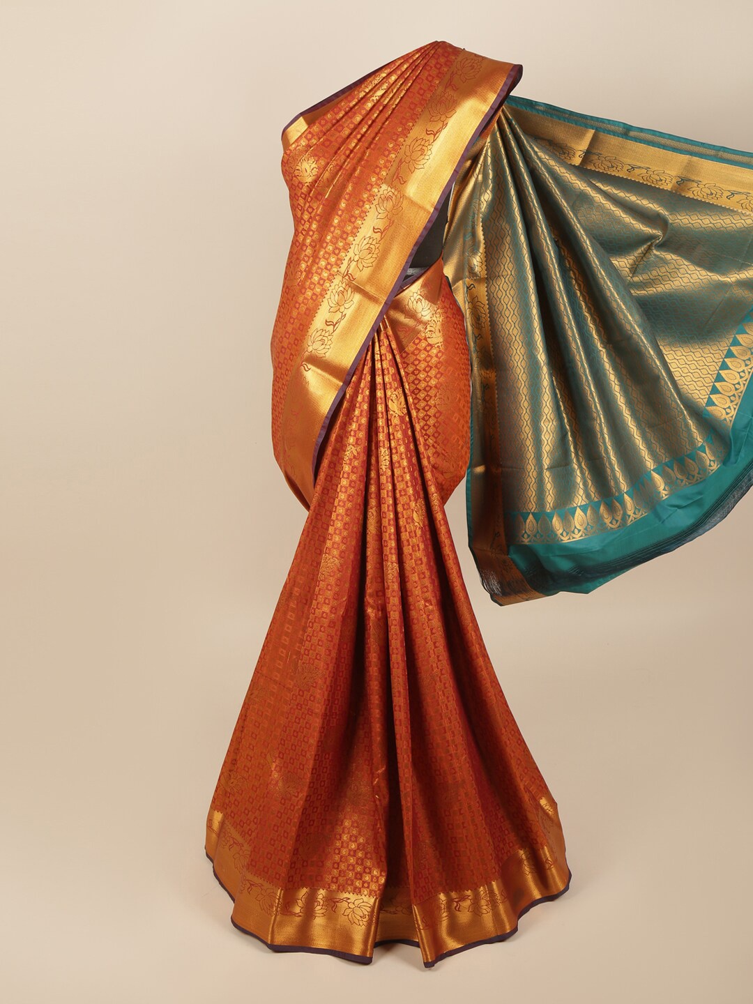

Pothys Orange & Teal Woven Design Zari Art Silk Saree
