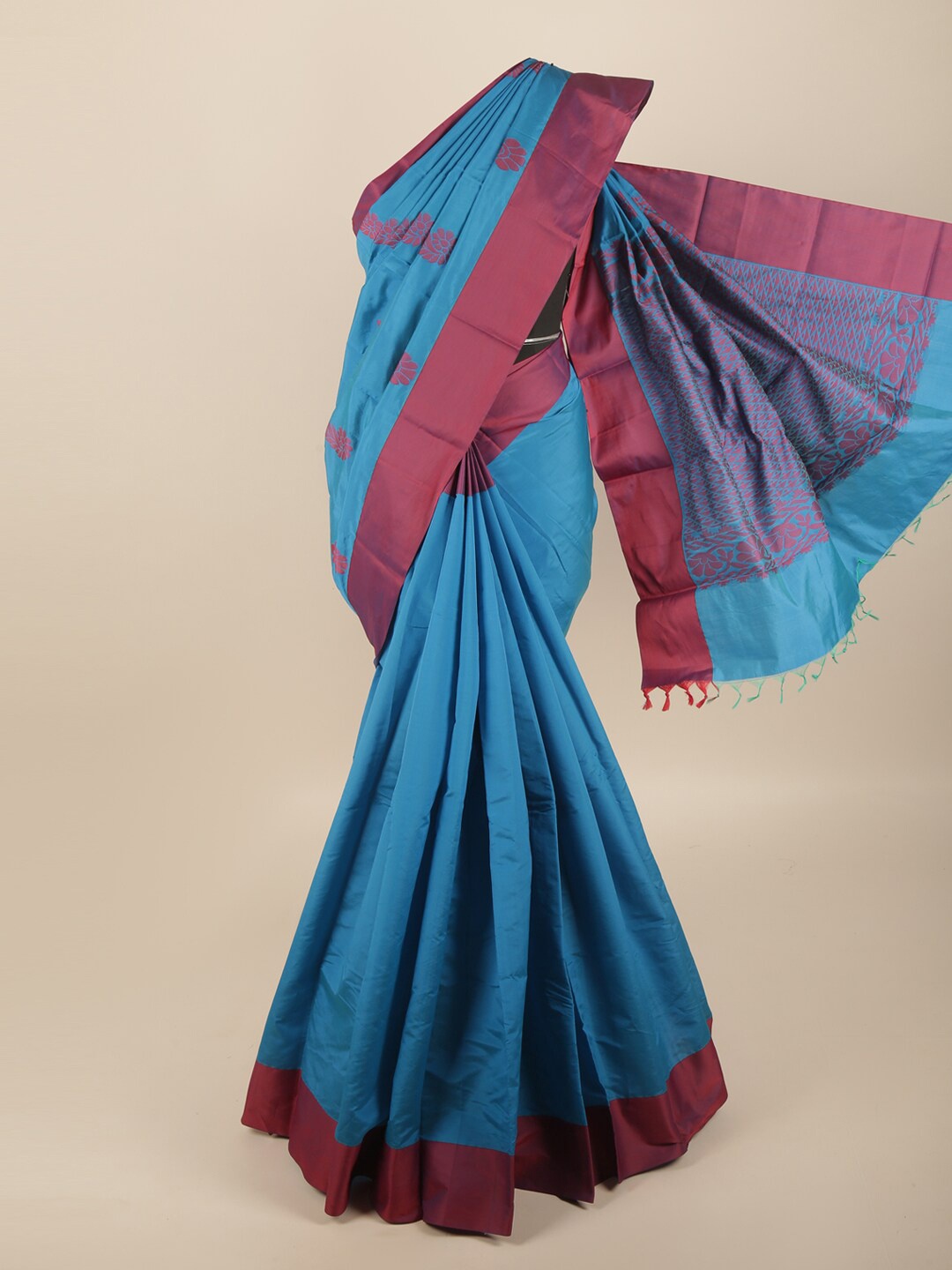 

Pothys Blue & Burgundy Ethnic Motifs Silk Cotton Saree