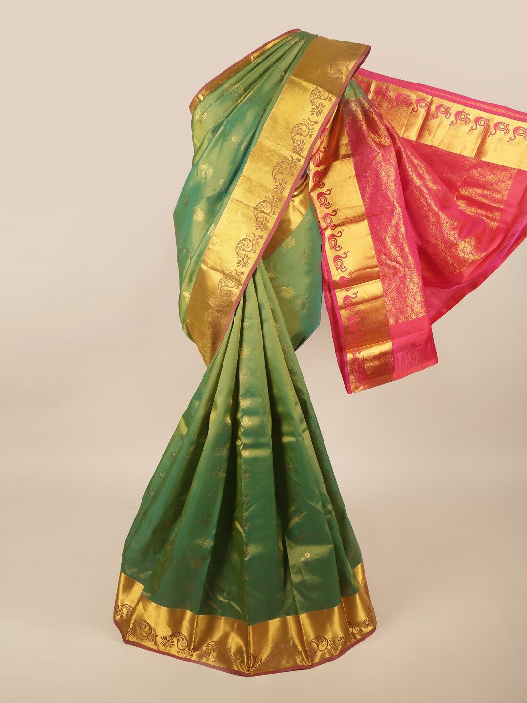 

Pothys Green & Pink Ethnic Motifs Zari Pure Silk Saree