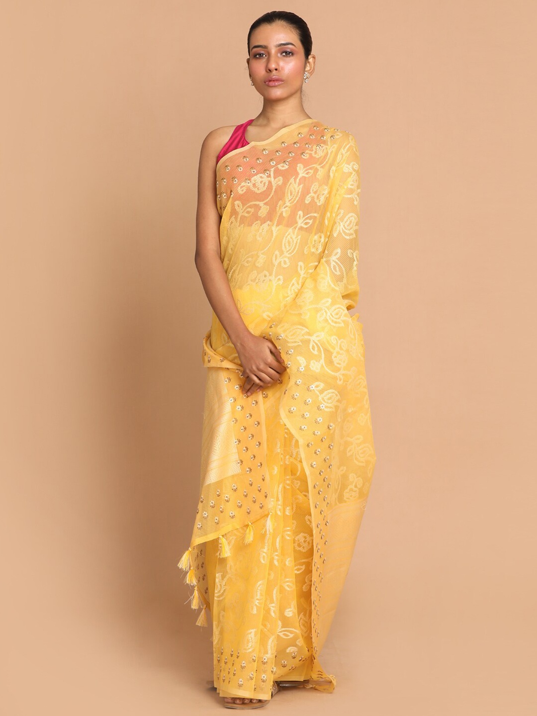 

Indethnic Yellow Floral Woven Design Banarasi Saree