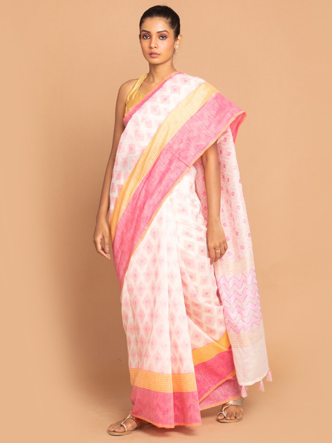 

Indethnic Pink & Yellow Woven Design Linen Blend Banarasi Saree
