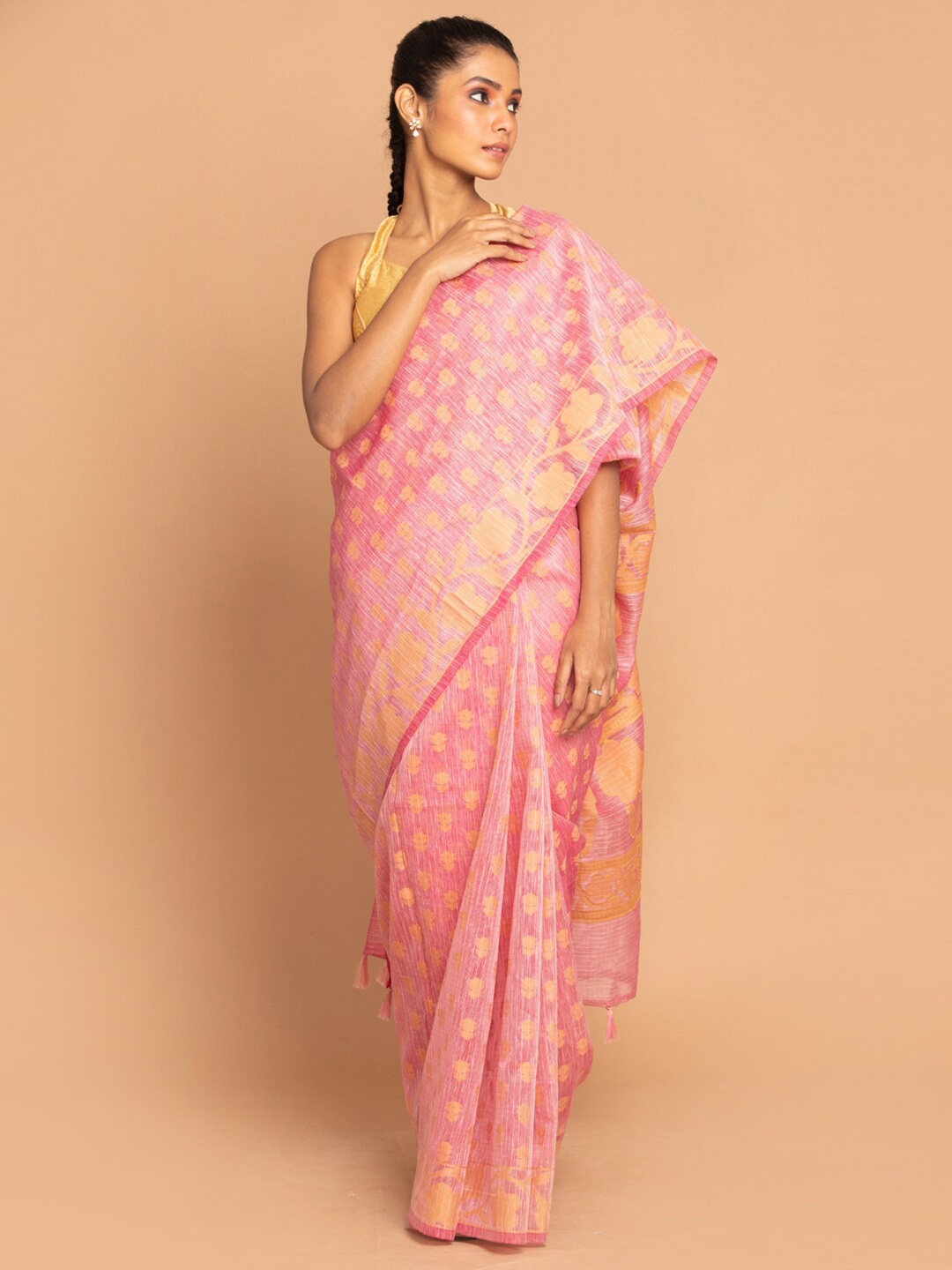 

Indethnic Coral & Orange Ethnic Motifs Linen Blend Banarasi Saree