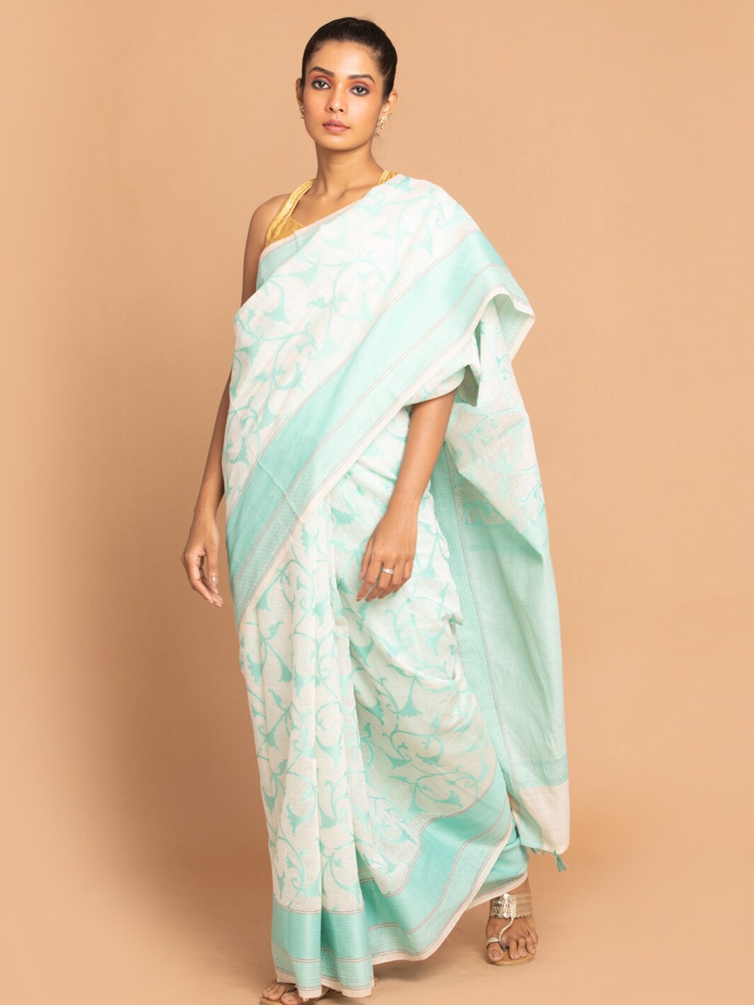 

Indethnic Sea Green & Off White Ethnic Motifs Linen Blend Banarasi Saree
