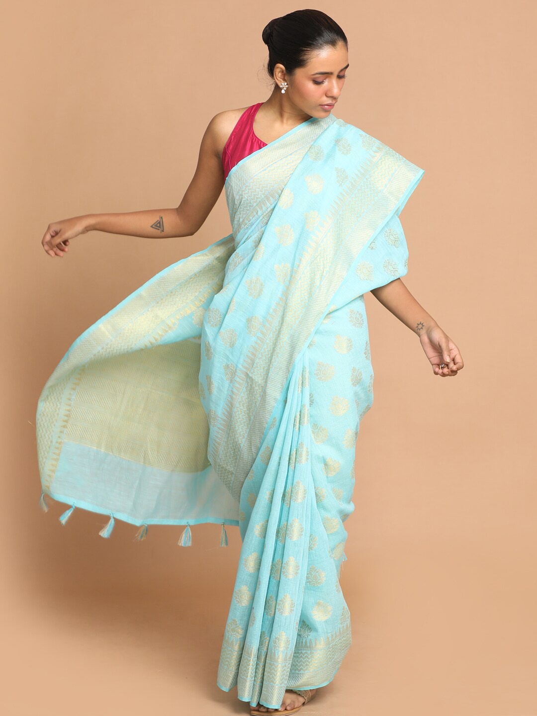 

Indethnic Turquoise Blue & Gold-Coloured Ethnic Motifs Zari Linen Blend Banarasi Saree