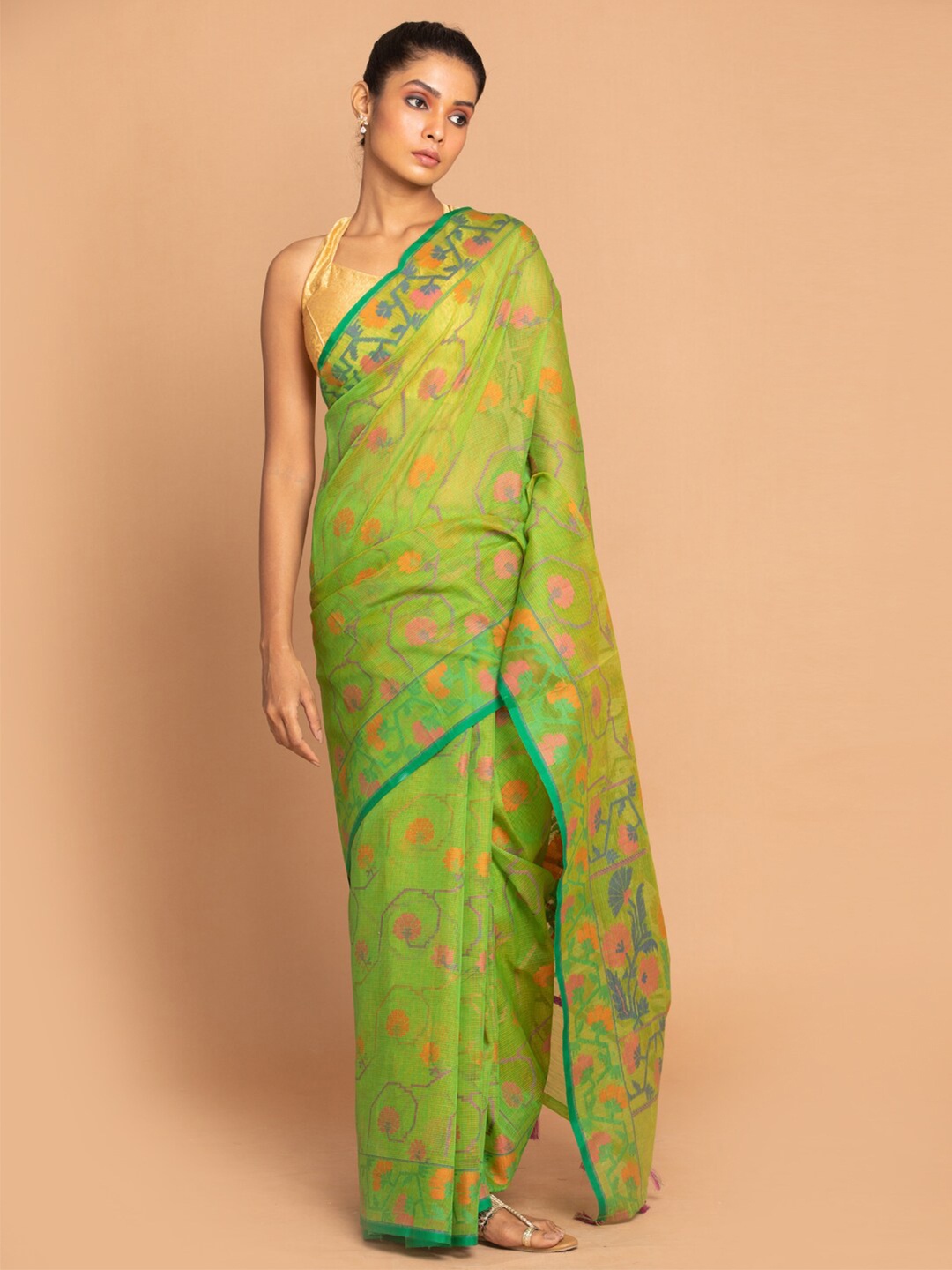 

Indethnic Blue & Green Ethnic Motifs Linen Blend Banarasi Saree