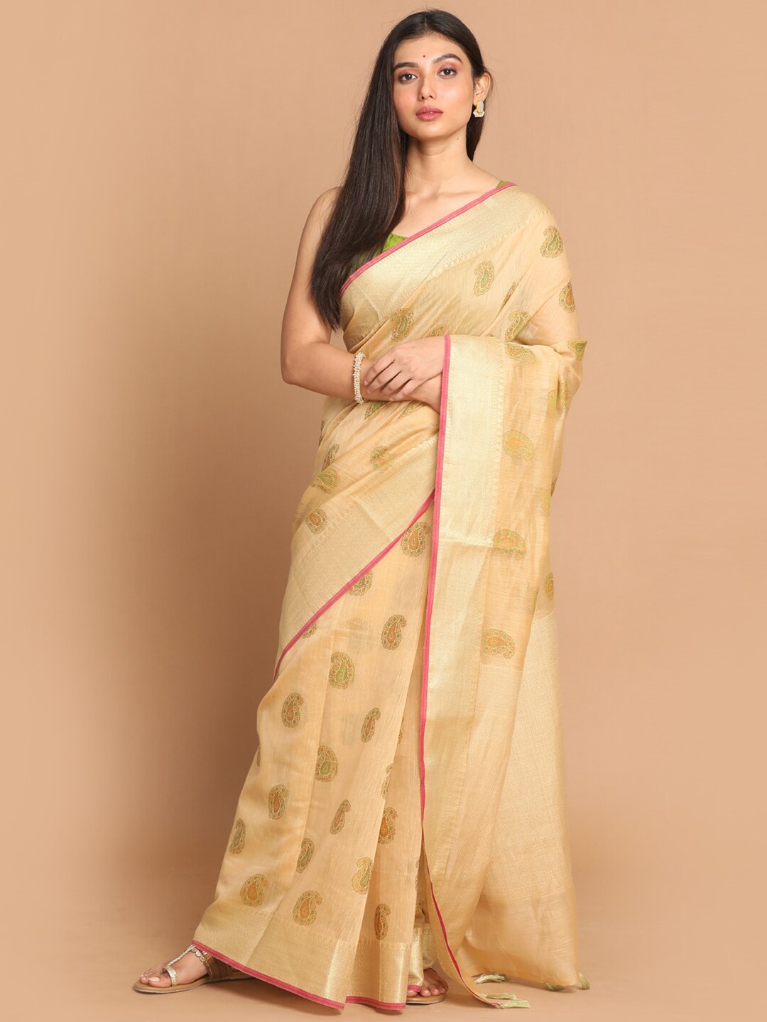 

Indethnic Gold-Toned & Green Ethnic Motifs Linen Blend Banarasi Saree