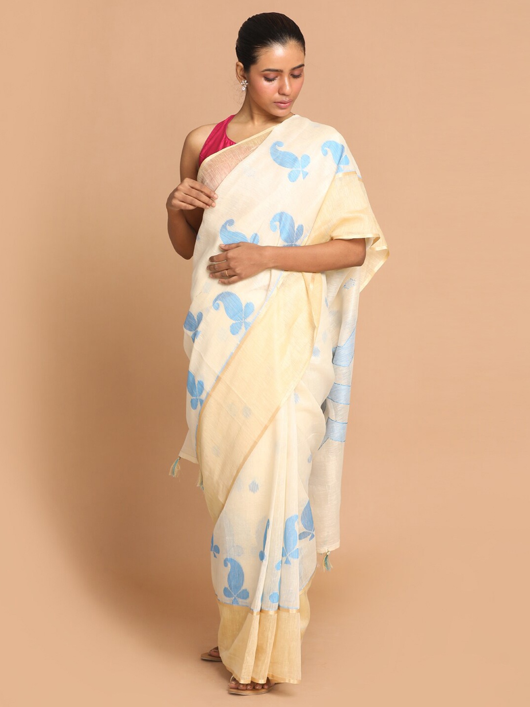 

Indethnic Blue & Cream-Coloured Ethnic Motifs Zari Linen Blend Banarasi Saree