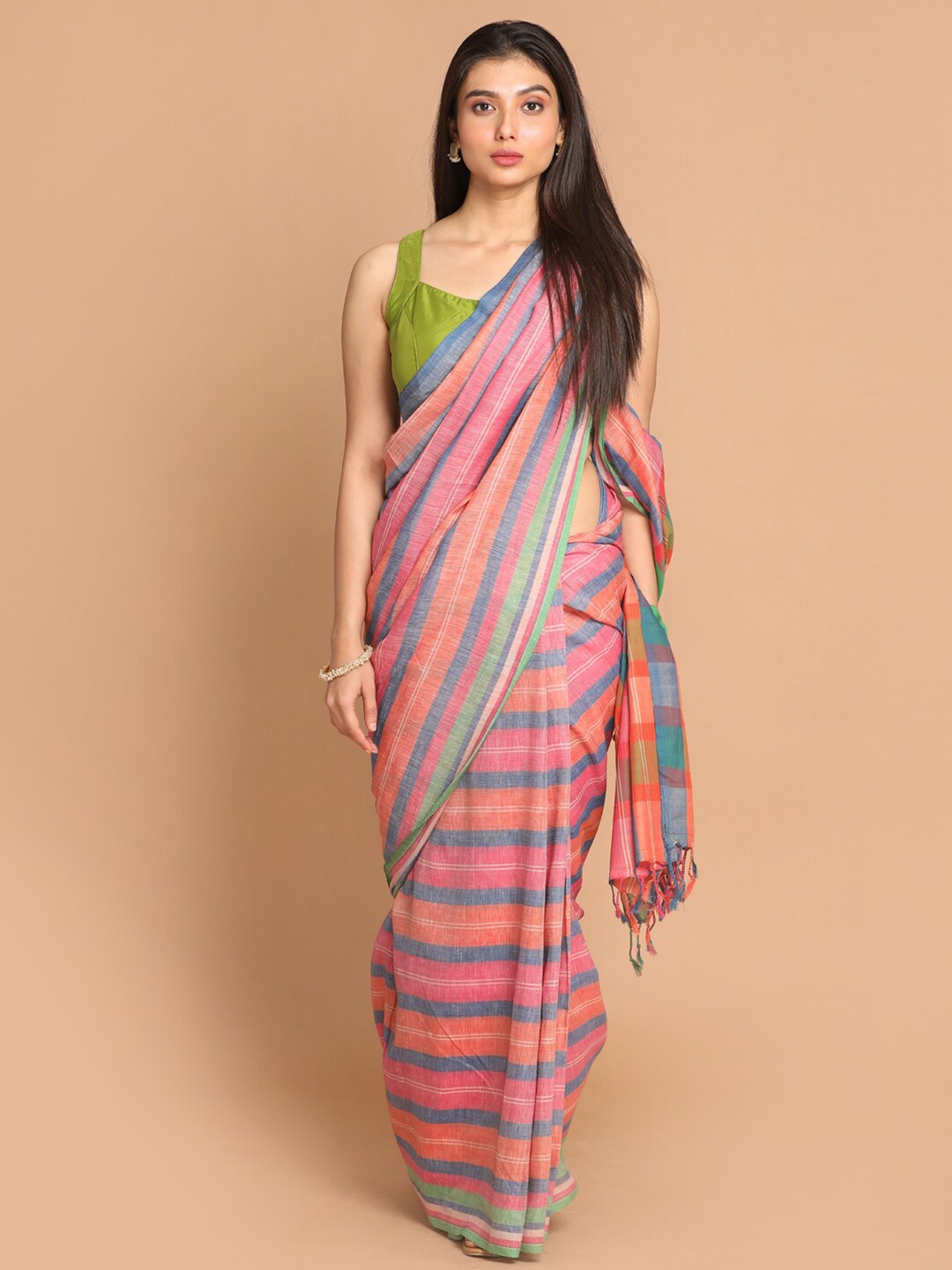 

Indethnic Pink & Blue Striped Linen Blend Banarasi Saree