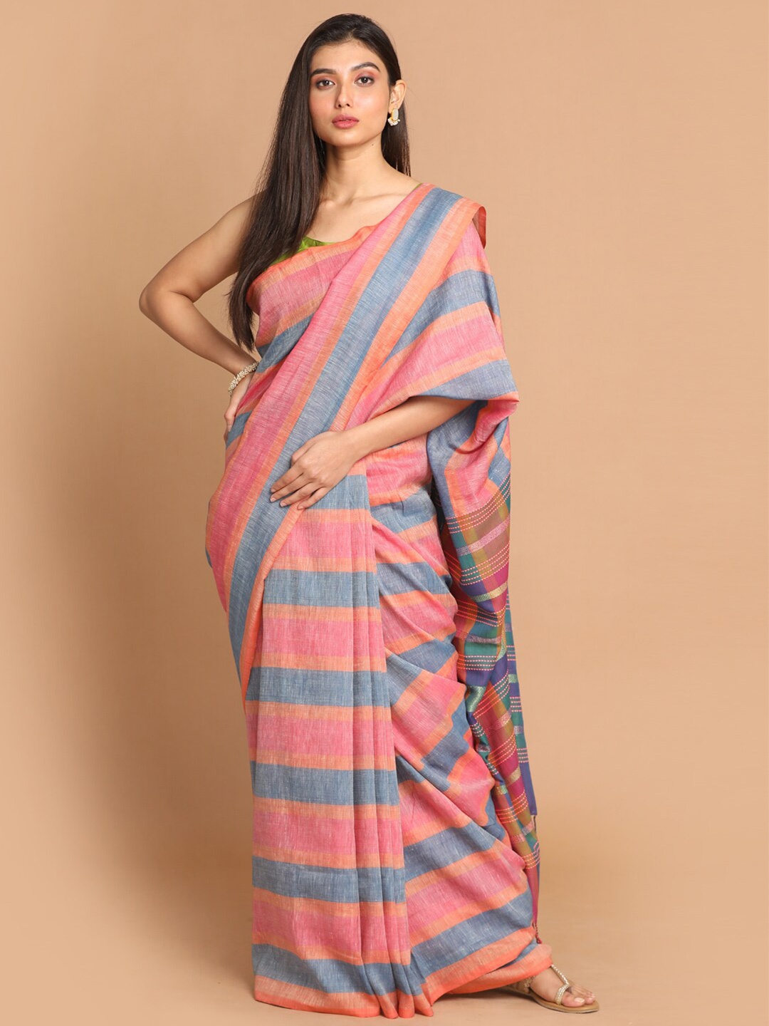

Indethnic Pink & Blue Striped Linen Blend Banarasi Saree