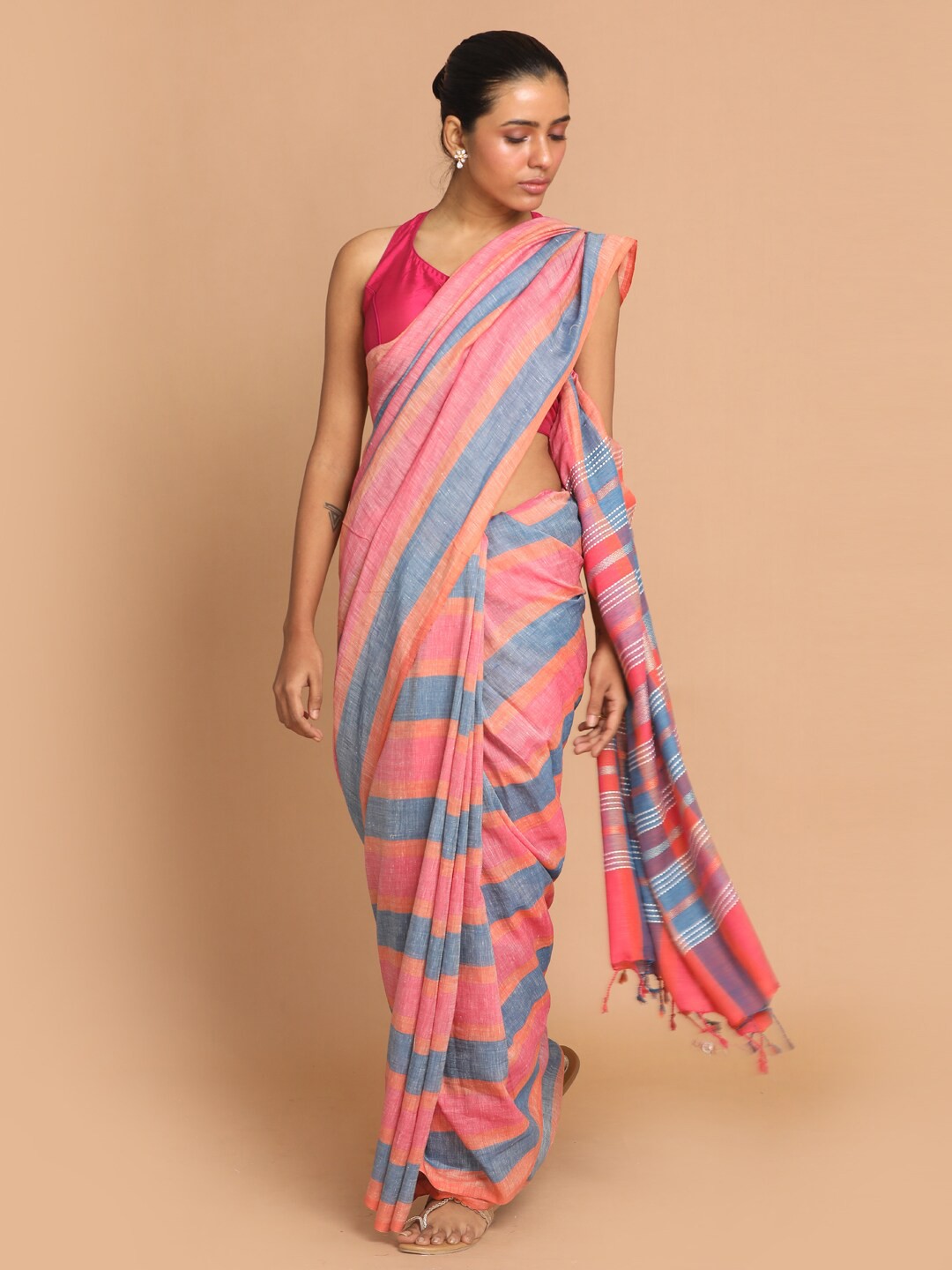 

Indethnic Pink & Blue Striped Linen Blend Saree