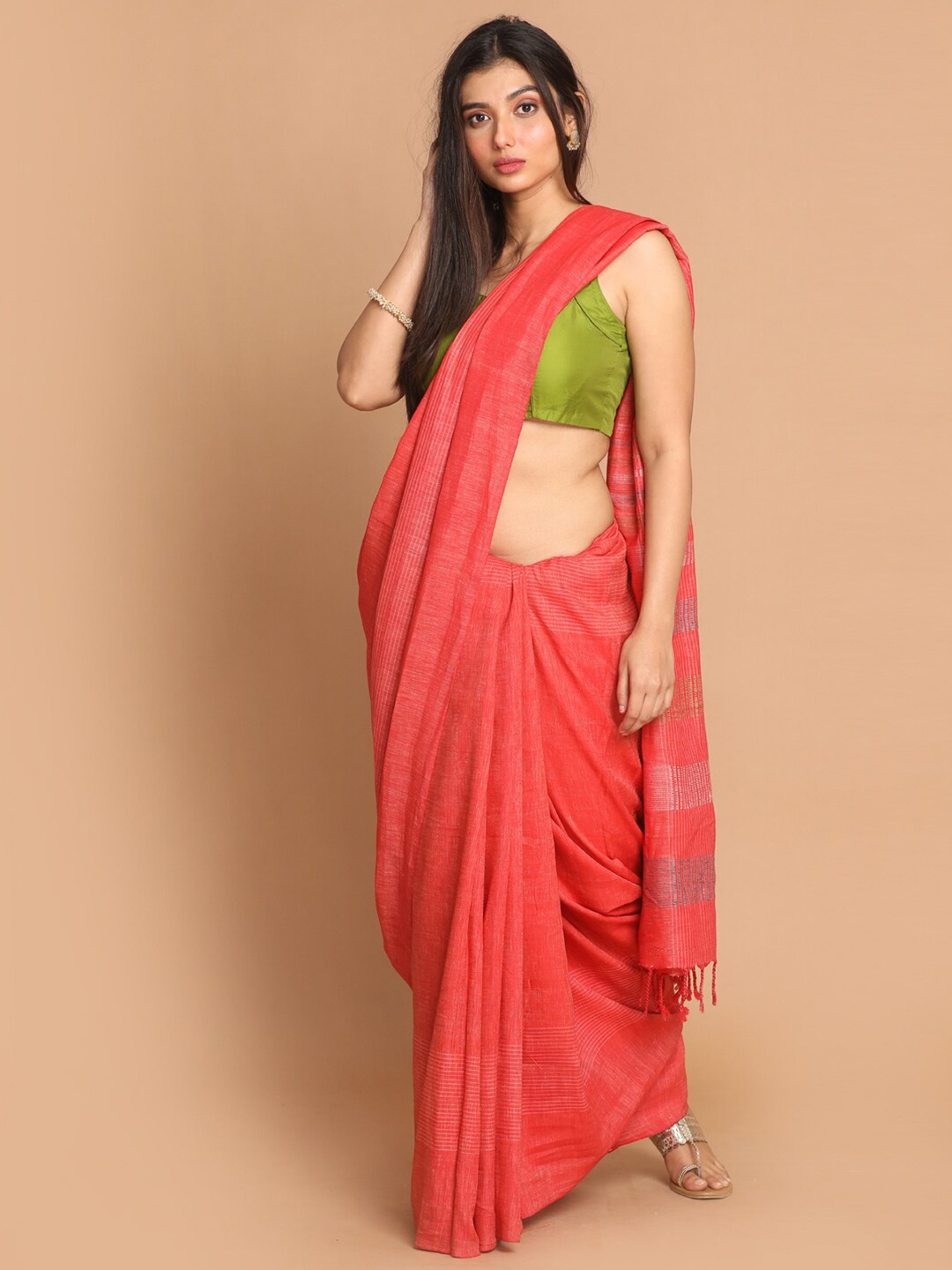 

Indethnic Red & Beige Striped Linen Blend Banarasi Saree