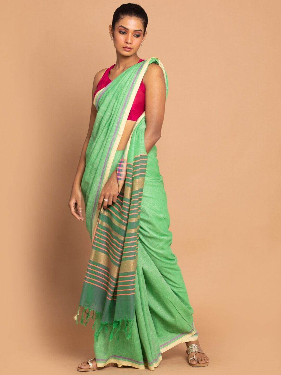 

Saranee Green Linen Blend Banarasi Saree