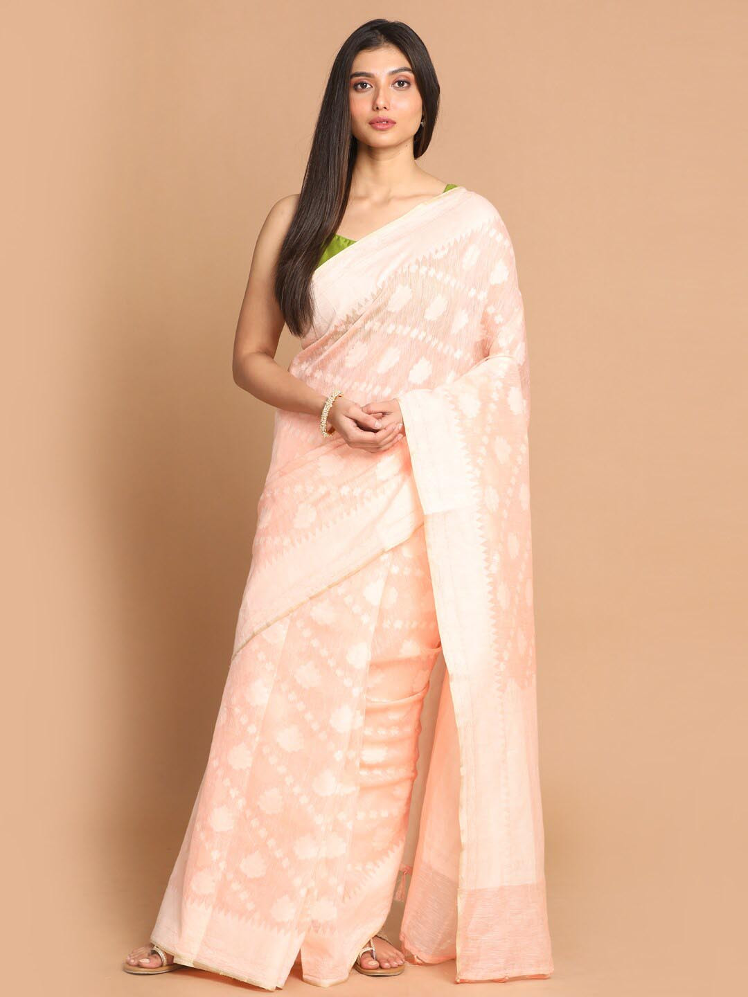 

Indethnic Pink & Off White Ethnic Motifs Linen Blend Banarasi Saree