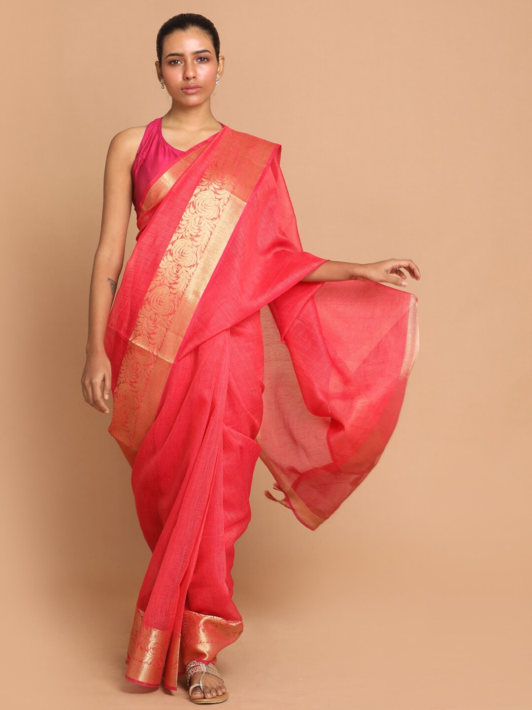 

Indethnic Magenta & Gold-Toned Woven Design Linen Blend Banarasi Saree