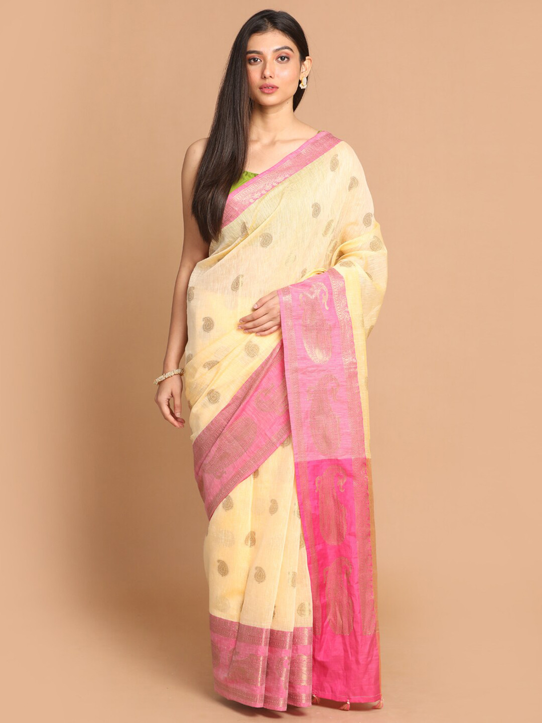

Indethnic Beige & Pink Woven Design Banarasi Saree