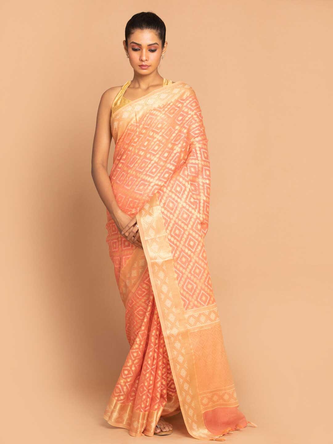 

Indethnic Coral & Gold-Toned Woven Design Linen Blend Banarasi Saree