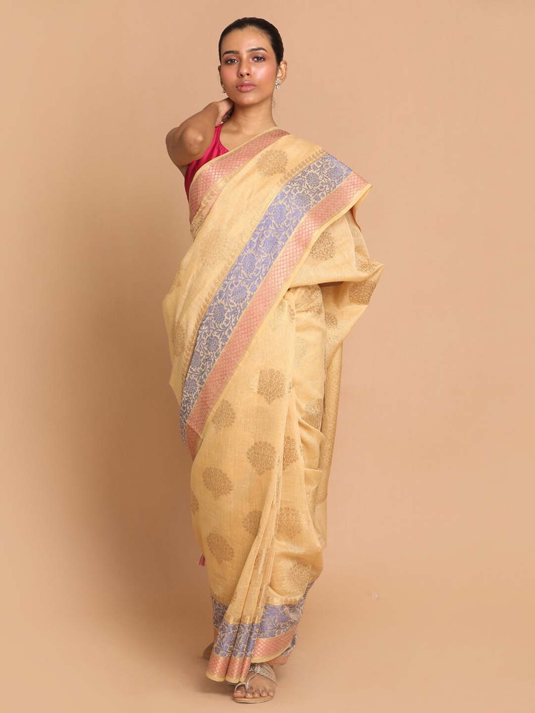 

Indethnic Gold-Toned & Blue Woven Design Linen Blend Banarasi Saree