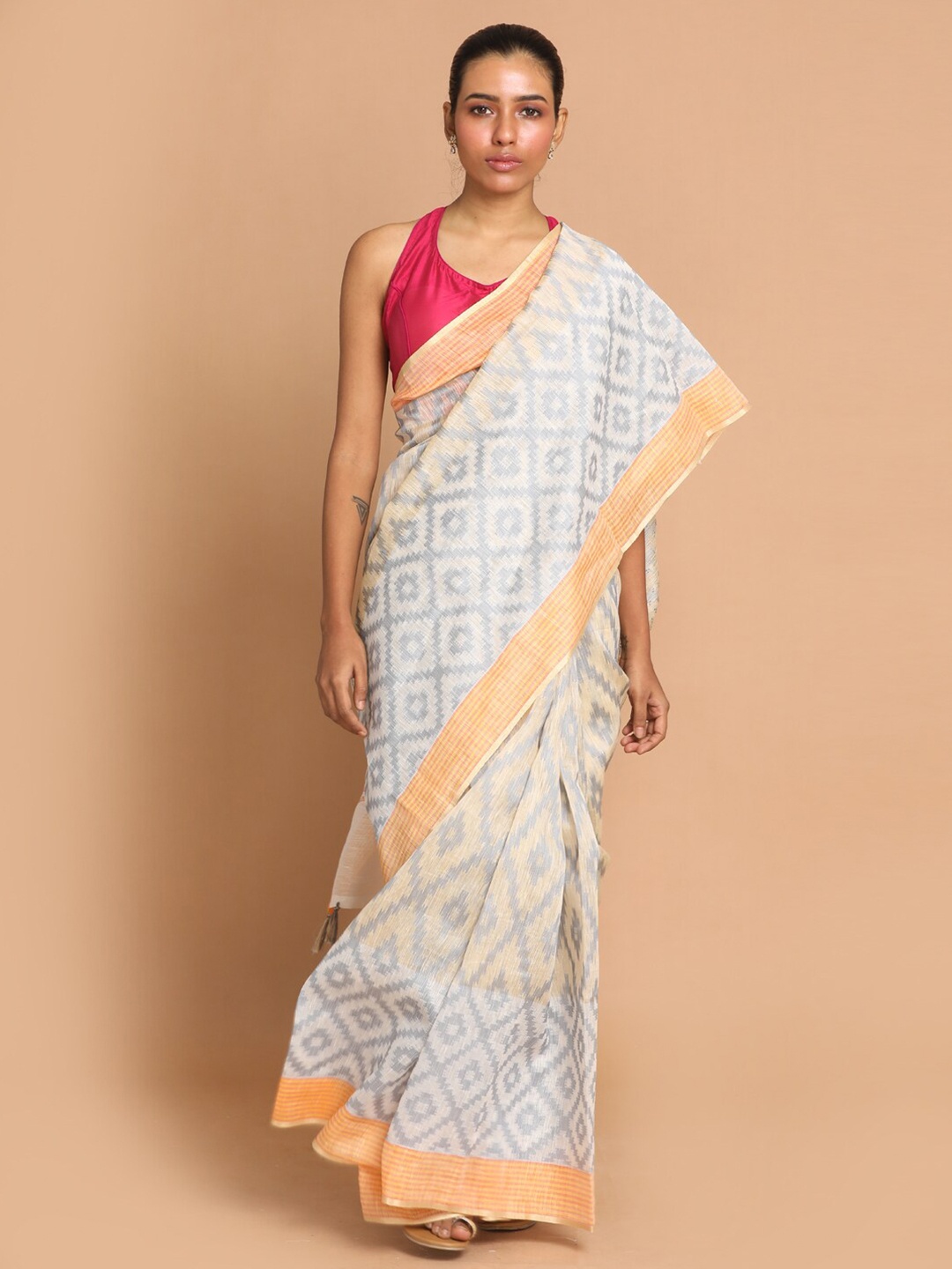 

Indethnic Grey & Gold-Toned Geometric Woven Design Banarasi Saree