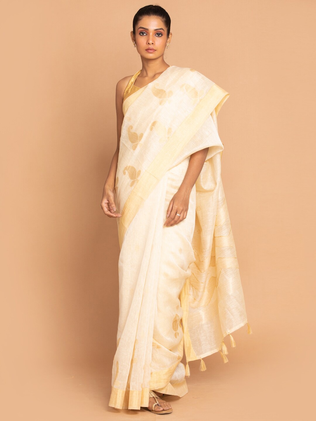 

Indethnic Cream-Coloured & Gold-Toned Woven Design Linen Blend Banarasi Saree