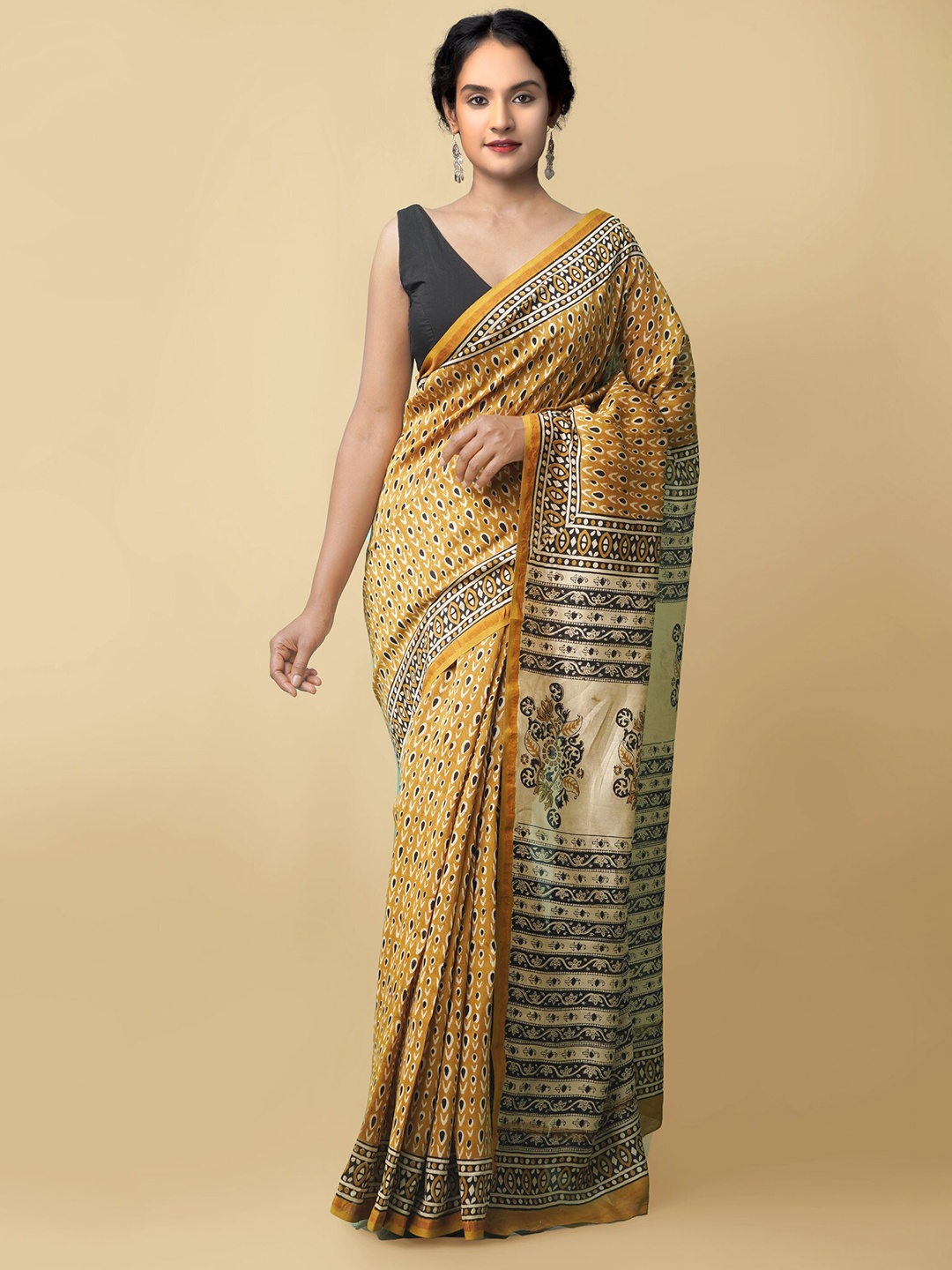 

Unnati Silks Yellow & Grey Ethnic Motifs Silk Cotton Chanderi Saree