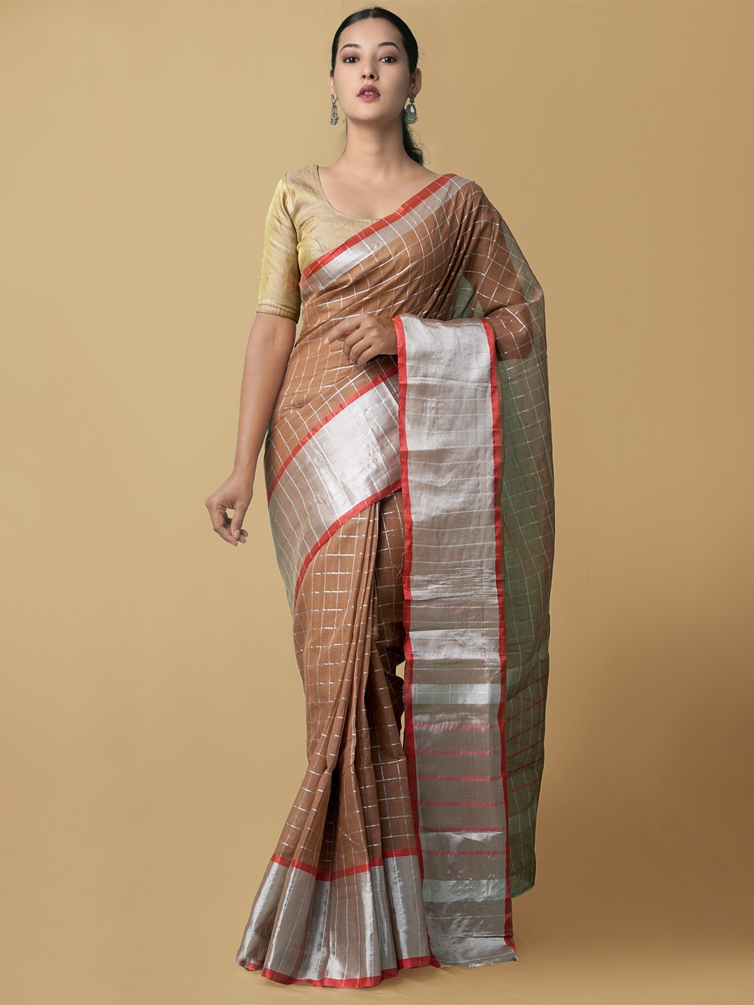 

Unnati Silks Brown & Silver-Toned Woven Design Pure Cotton Chettinad Saree