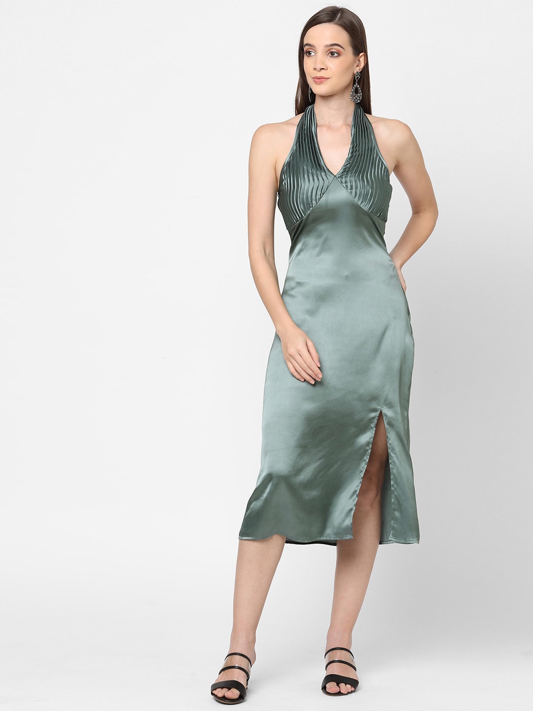 

MISH Sea Green Halter Neck Satin Sheath Midi Dress