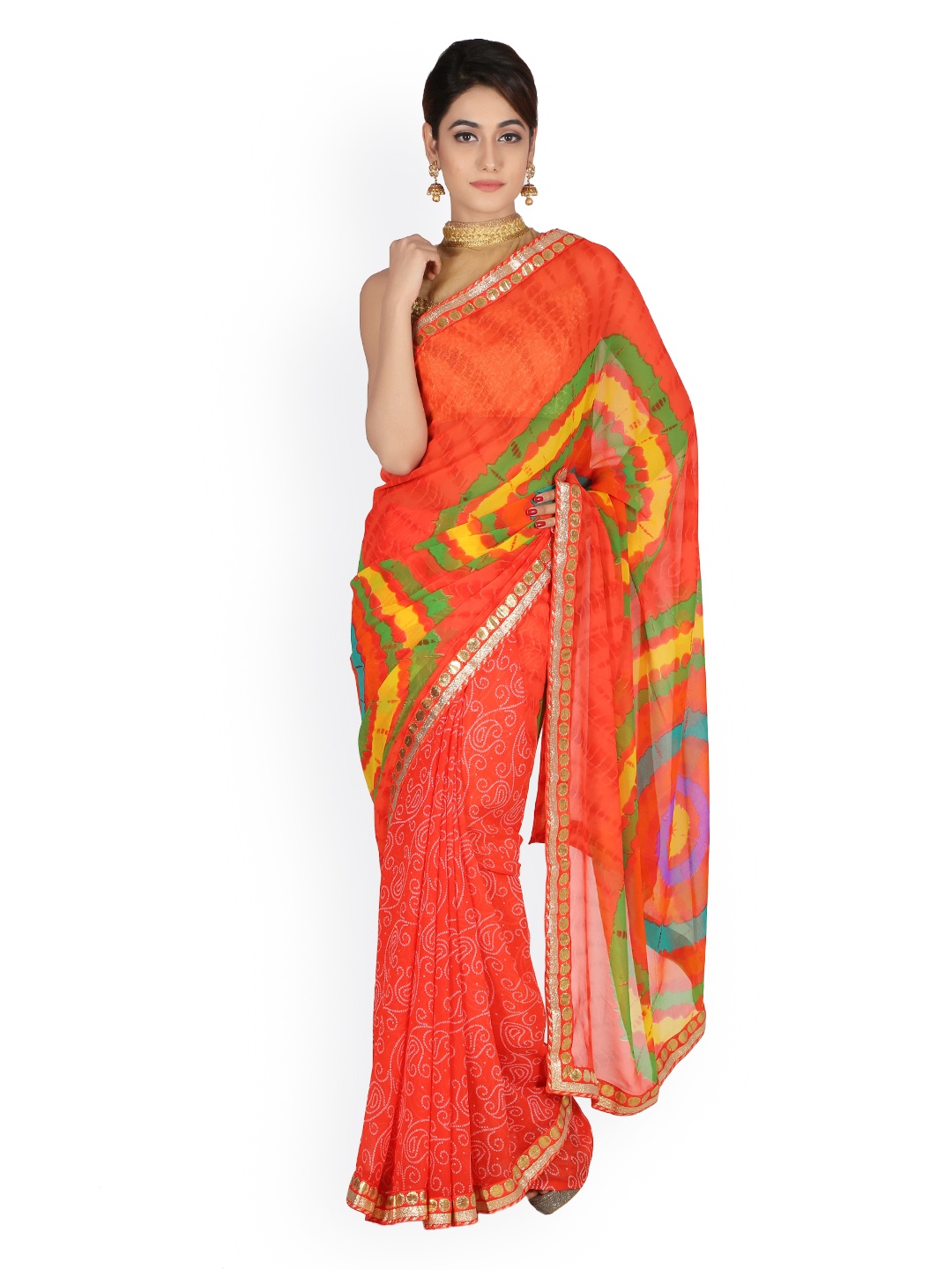 

Mitera Hand Dyed Red Bandhani Printed Georgette Saree