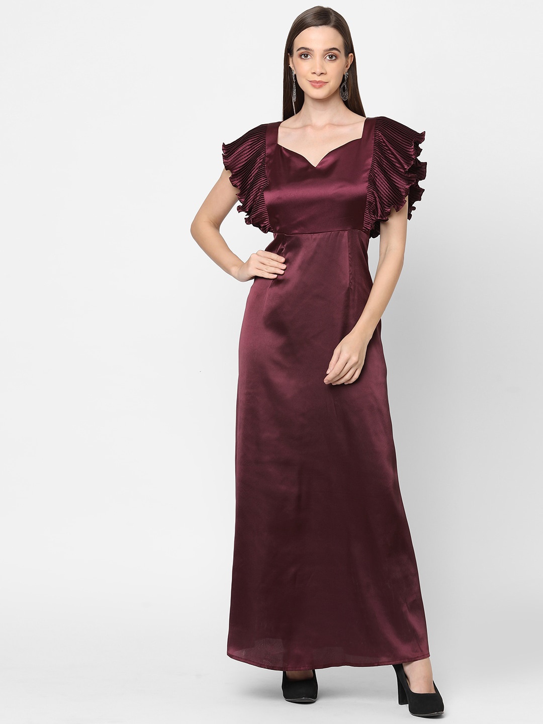 

MISH Women Maroon Solid Satin Maxi Dress