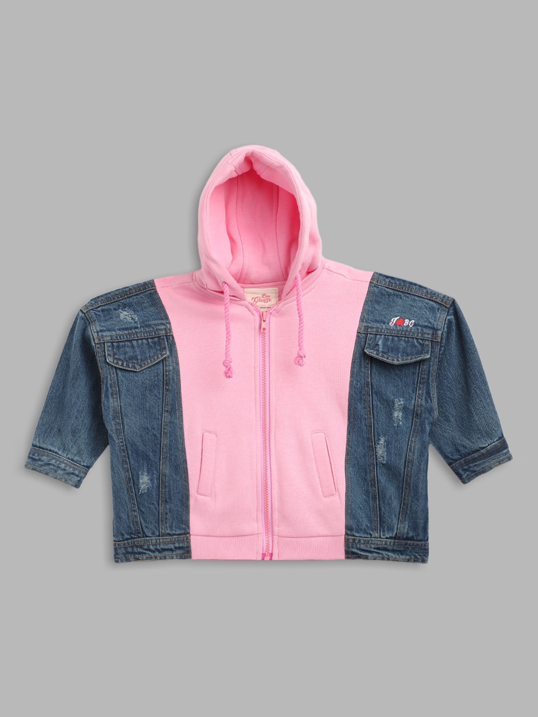 

Blue Giraffe Girls Pink Blue Washed Colourblocked Crop Denim Jacket