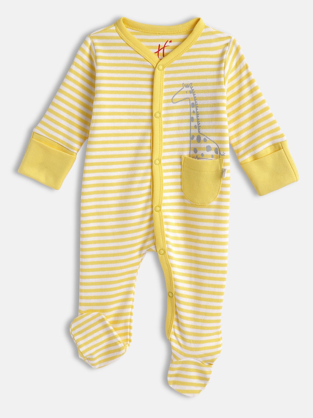 

H By Hamleys Infant Unisex White & Yellow Horizontal Stripes Pure Cotton Sleepsuit