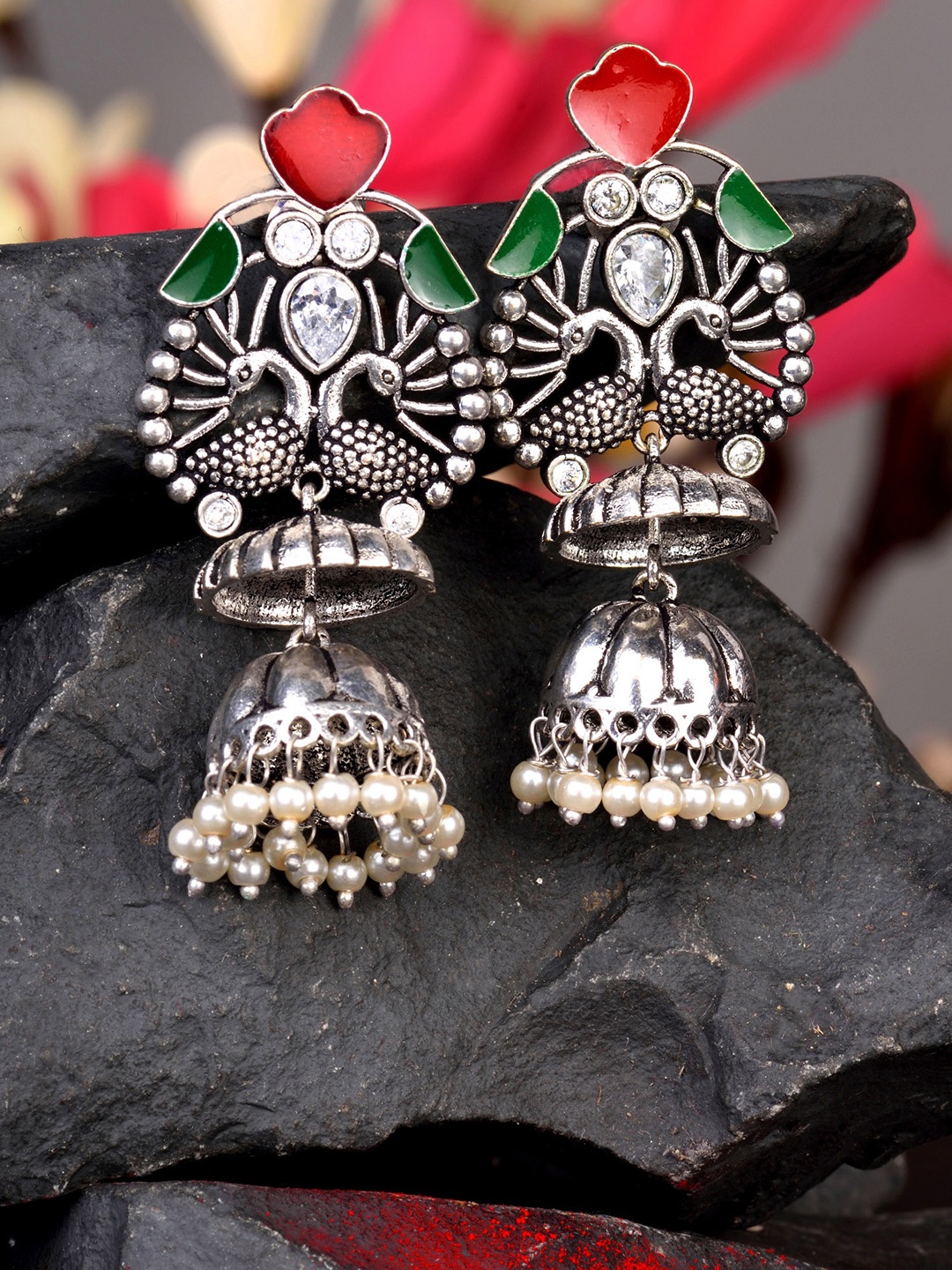 

Saraf RS Jewellery Silver-Toned & Green Oxidised Peacock Shaped Jhumkas Earrings