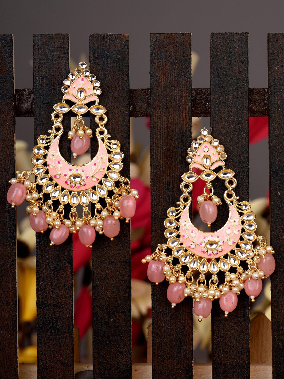

Saraf RS Jewellery Pink & Gold-Toned Floral Chandbalis Earrings