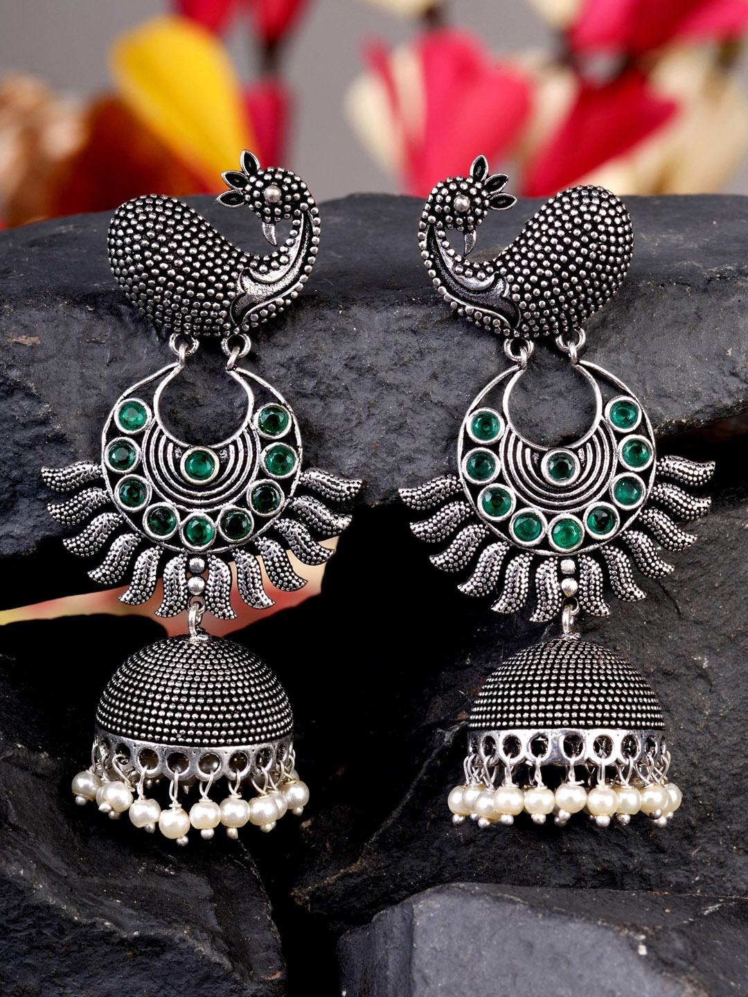 

Saraf RS Jewellery Green & German Silver Peacock Shaped Jhumkas Earrings
