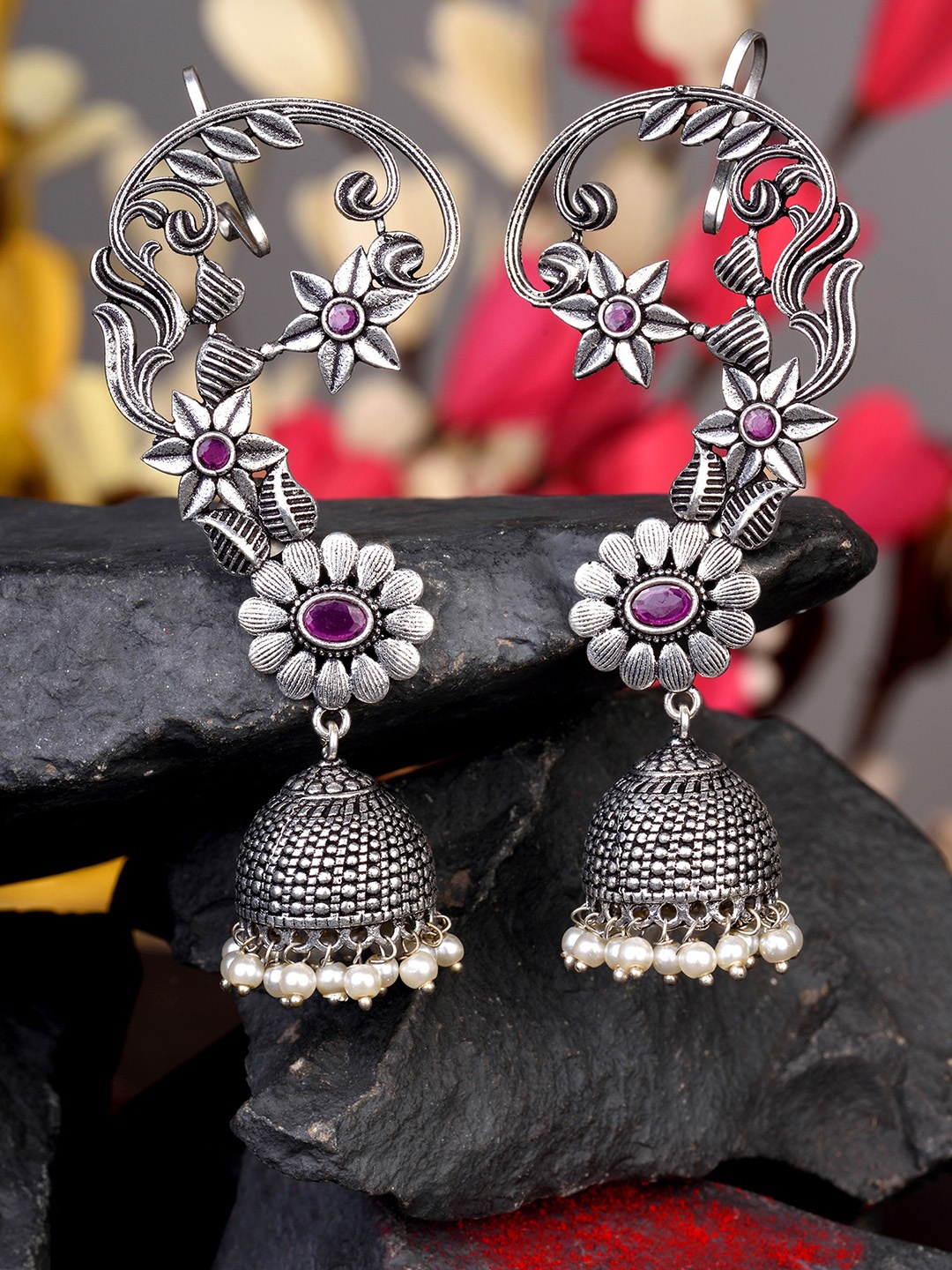 

Saraf RS Jewellery Silver-Toned & Pink Floral German Silver Drop Earrings