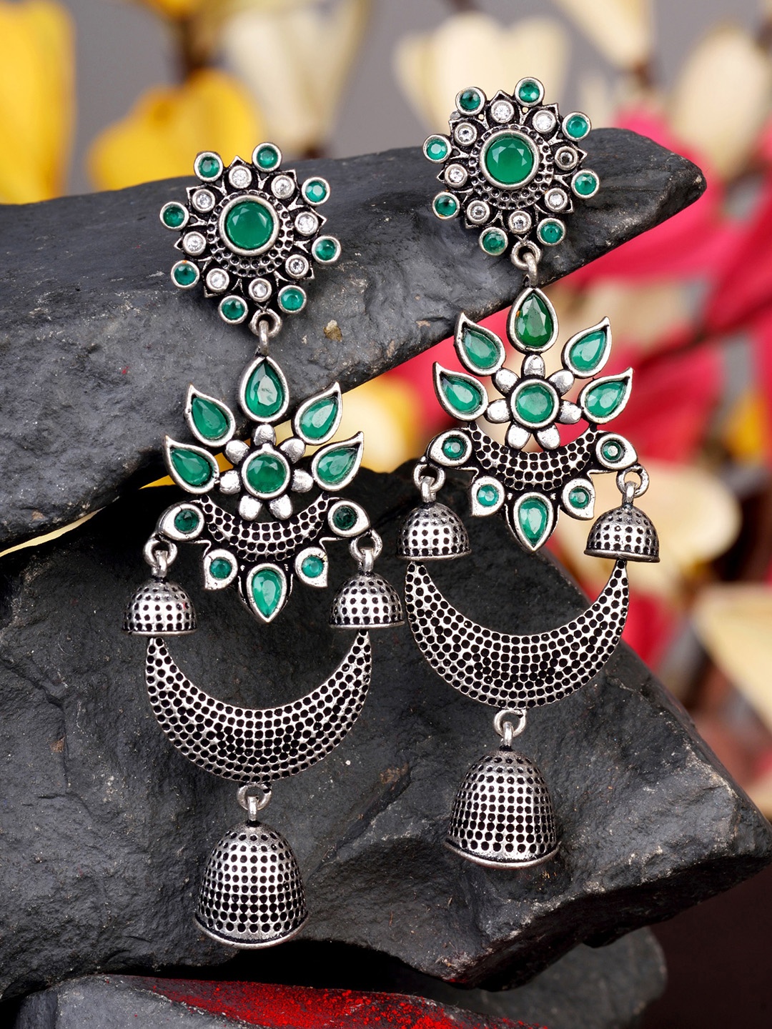 

Saraf RS Jewellery Silver-Toned & Green Oxidised German Silver Floral Drop Earrings