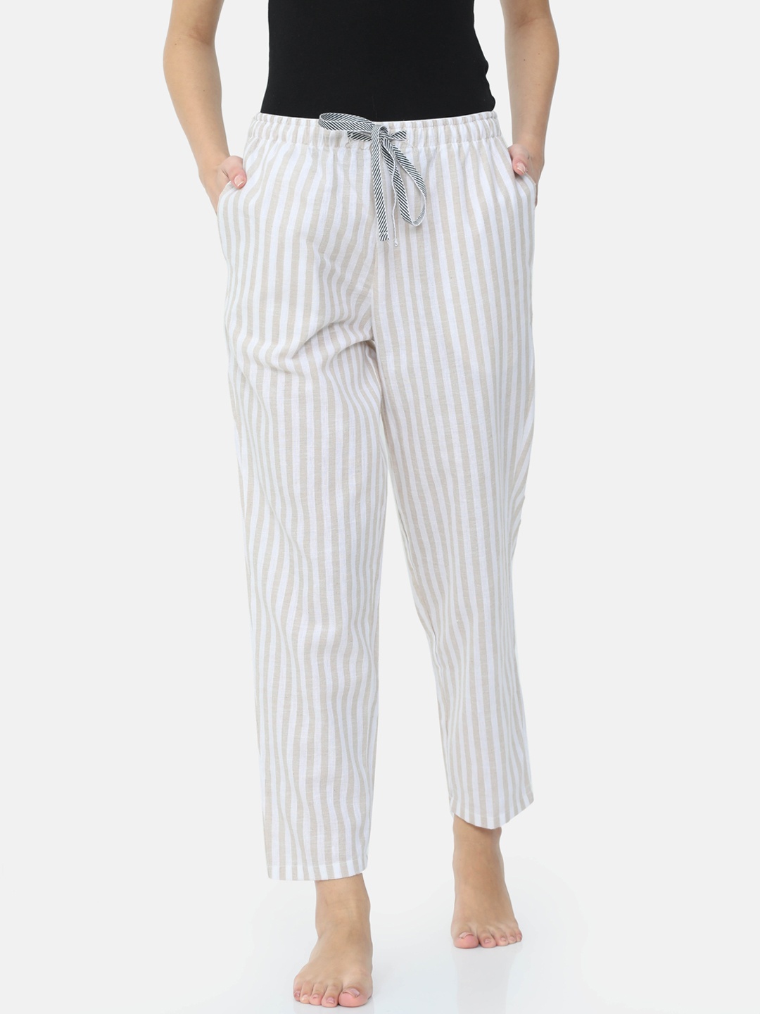 

Bareblow Women Beige & White Striped Pure Cotton Lounge Pants