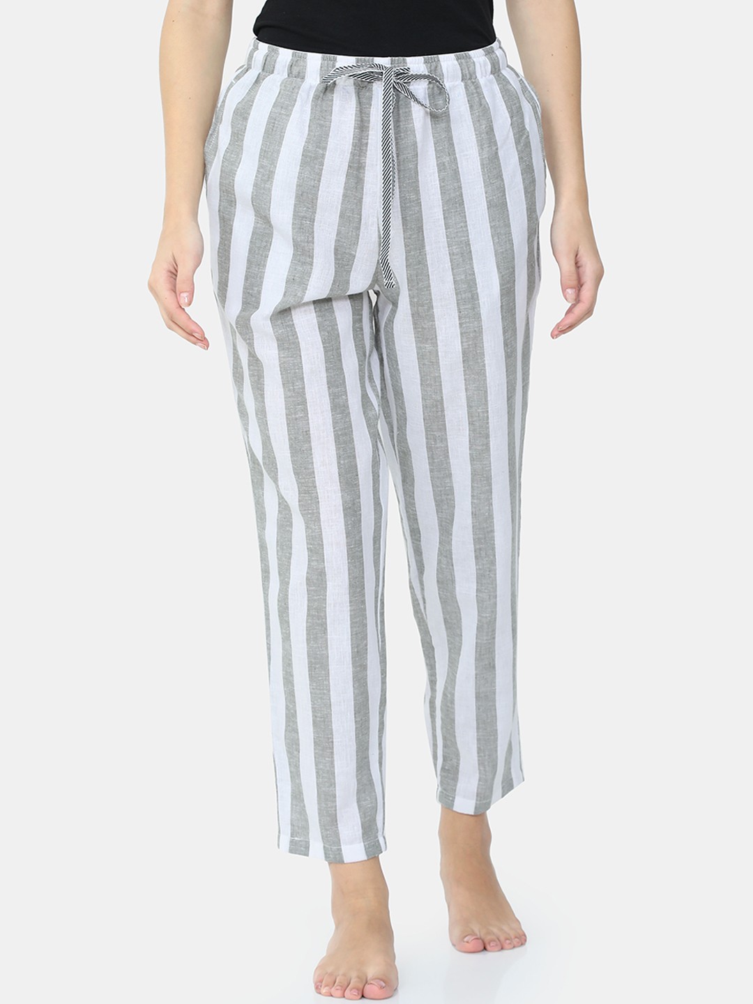 

Bareblow Women White & Grey Striped Pure Cotton Lounge Pants